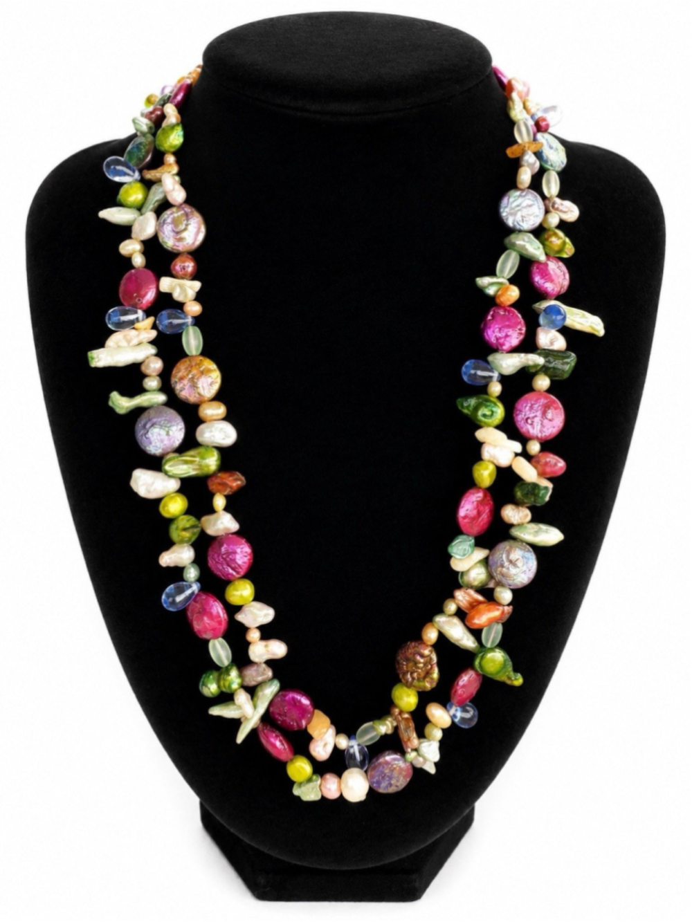 925 Sterling Colorful Dyed Freshwater Pearl Double Strand Necklace Baroque